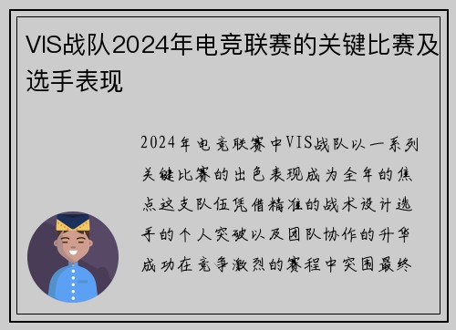 VIS战队2024年电竞联赛的关键比赛及选手表现
